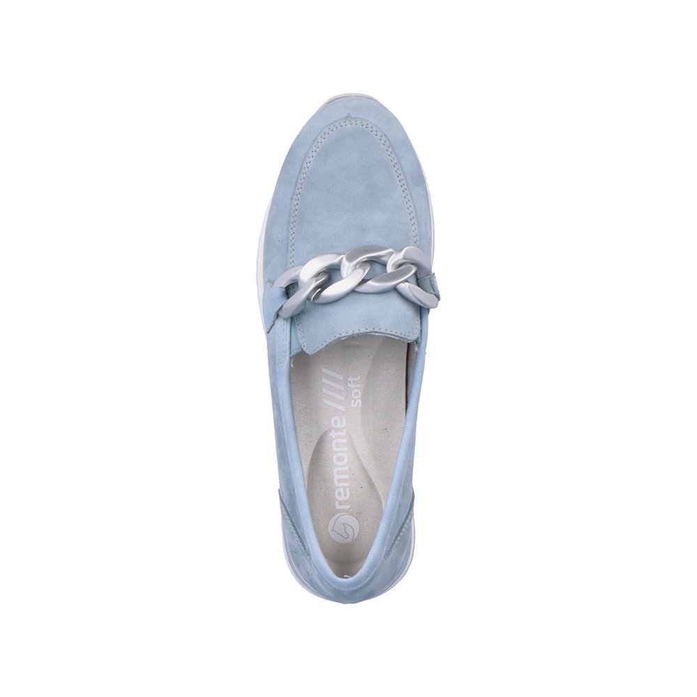 Blue remonte women´s loafers R2544-10 with stylish chain. Shoe from the top.