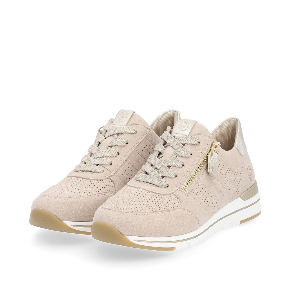 Clay beige remonte women´s sneakers R6705-60 with zipper and comfort width G. Shoes laterally.