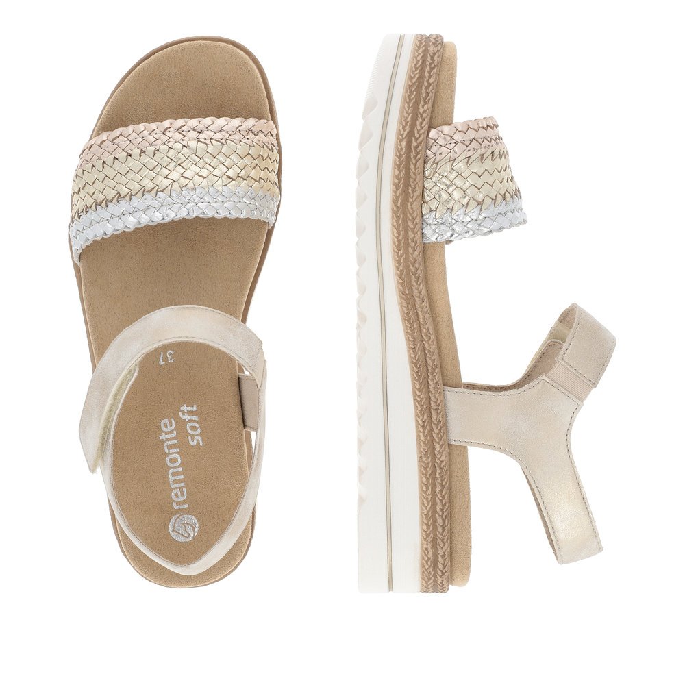 Beige remonte women´s strap sandals D0Q58-90 with hook and loop fastener. Shoe from the top, lying.