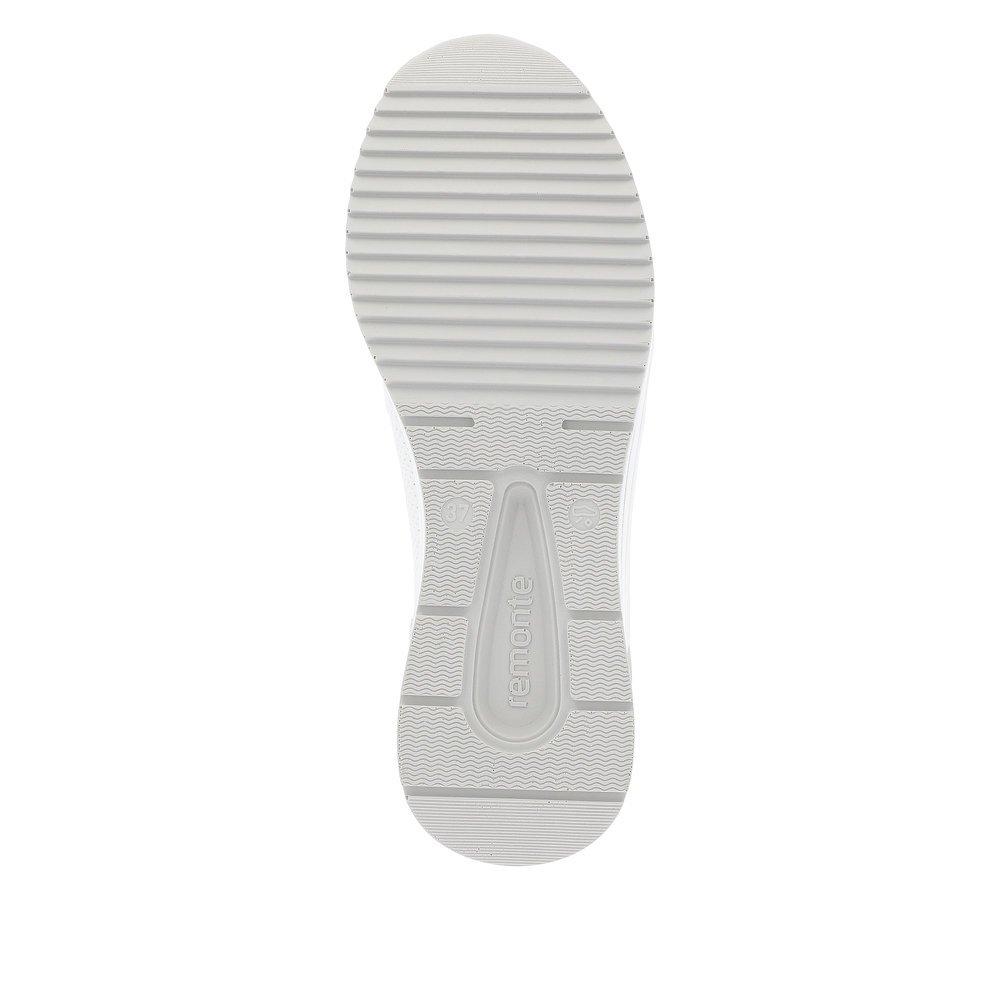 White remonte women´s sneakers D0T06-80 with zipper and extra width H. Outsole of the shoe.