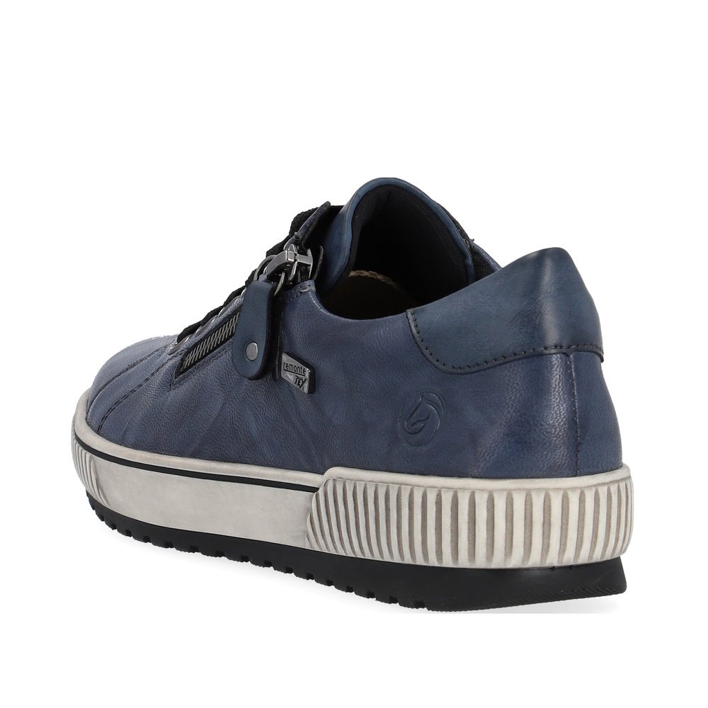 Blaue remonte Damen Schnürschuhe D0700-14 mit wasserabweisender TEX-Membran. Schuh von hinten.