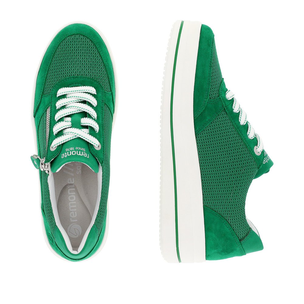 Emerald green remonte women´s sneakers D1C04-52 with a zipper and comfort width G. Shoe from the top, lying.