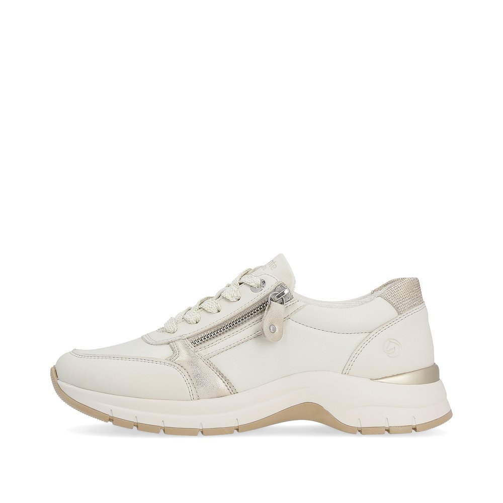 Light beige remonte women´s sneakers D0G09-80 with a zipper and extra width H. Outside of the shoe.