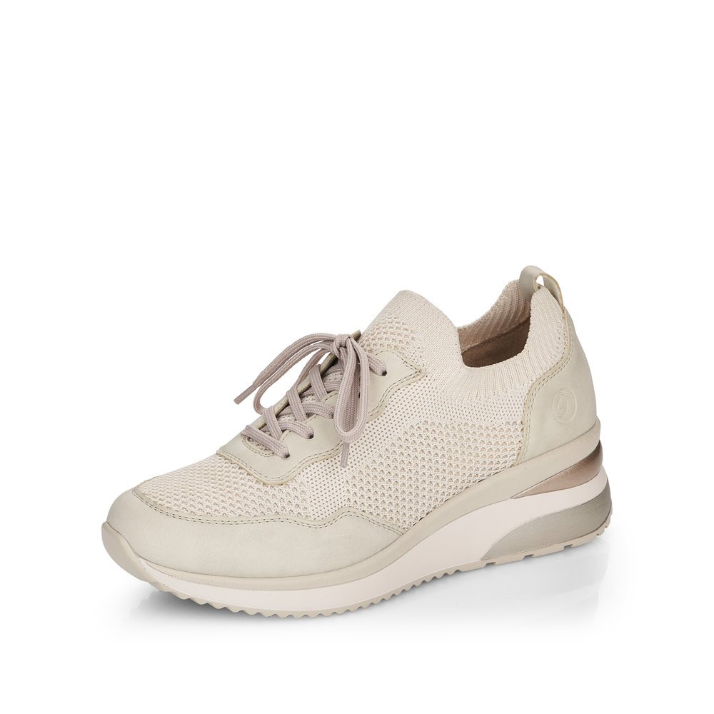Cream beige remonte women´s sneakers D2406-60 with an elastic insert and mesh look. Shoe laterally.