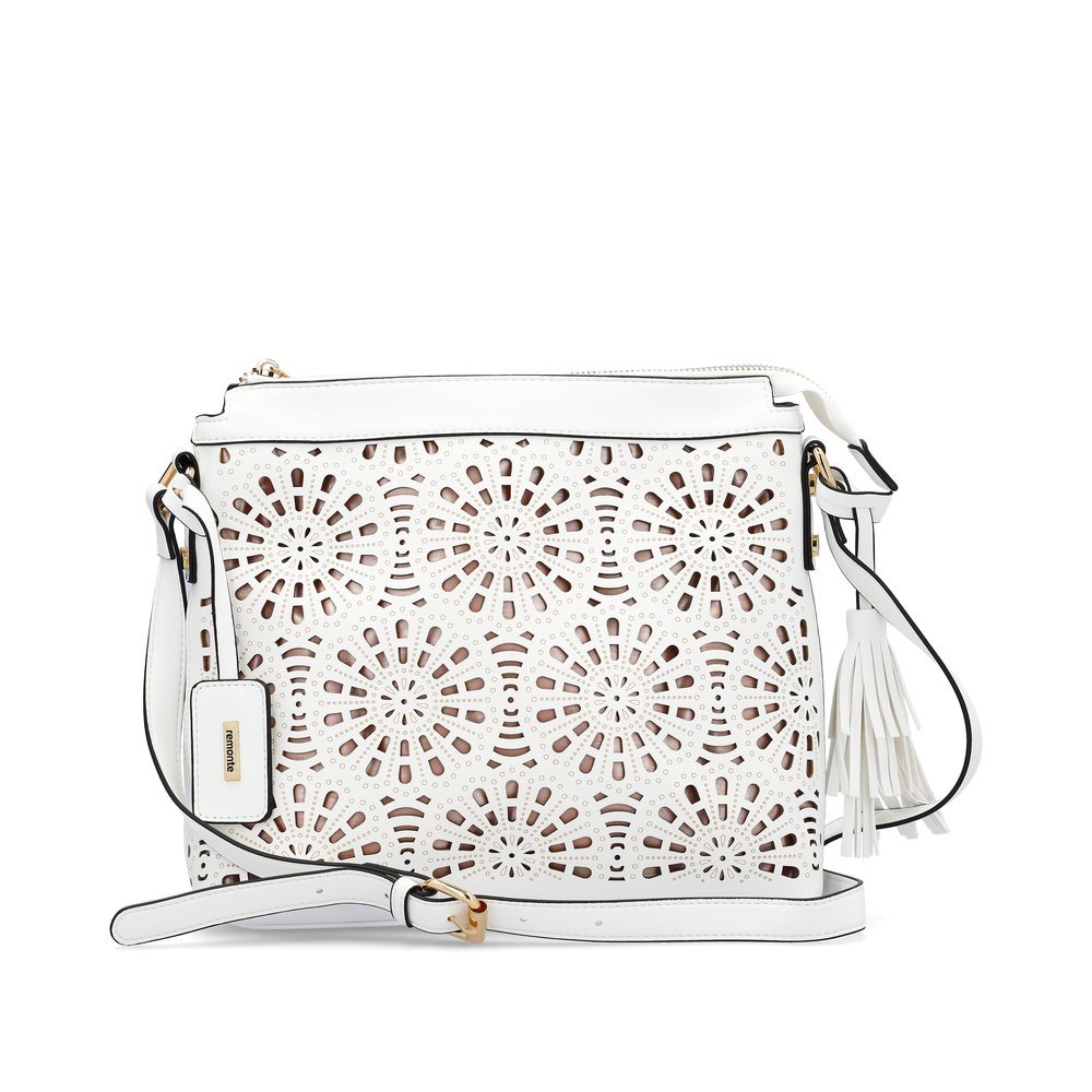 remonte handbag Q0630-80 in white with floral pattern, zipper and detachable shoulder strap. Front.