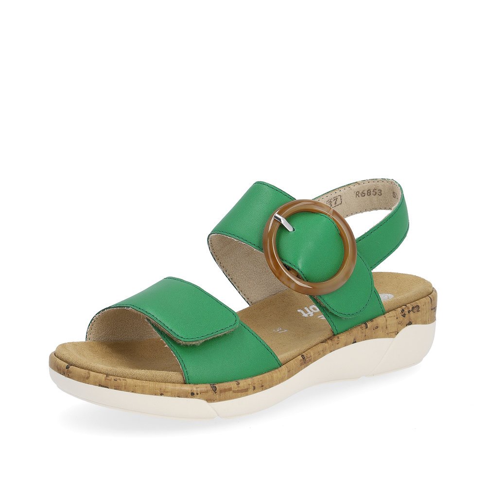 Emerald green remonte women´s strap sandals R6853-53 with a hook and loop fastener. Shoe laterally.