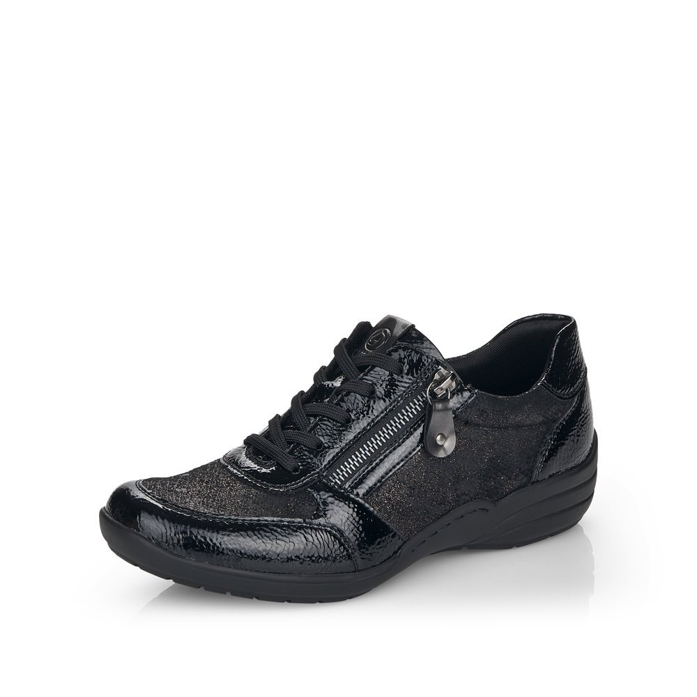 Chaussures à lacets remonte noires femme R7637-03 avec fermeture éclair. Chaussure inclinée sur le côté.