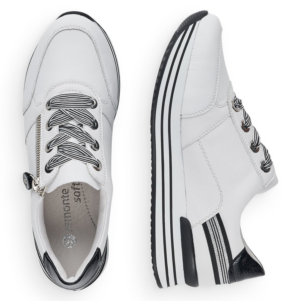 Classy white remonte women´s sneakers D1312-80 with zipper and stripe pattern. Shoe from the top, lying.
