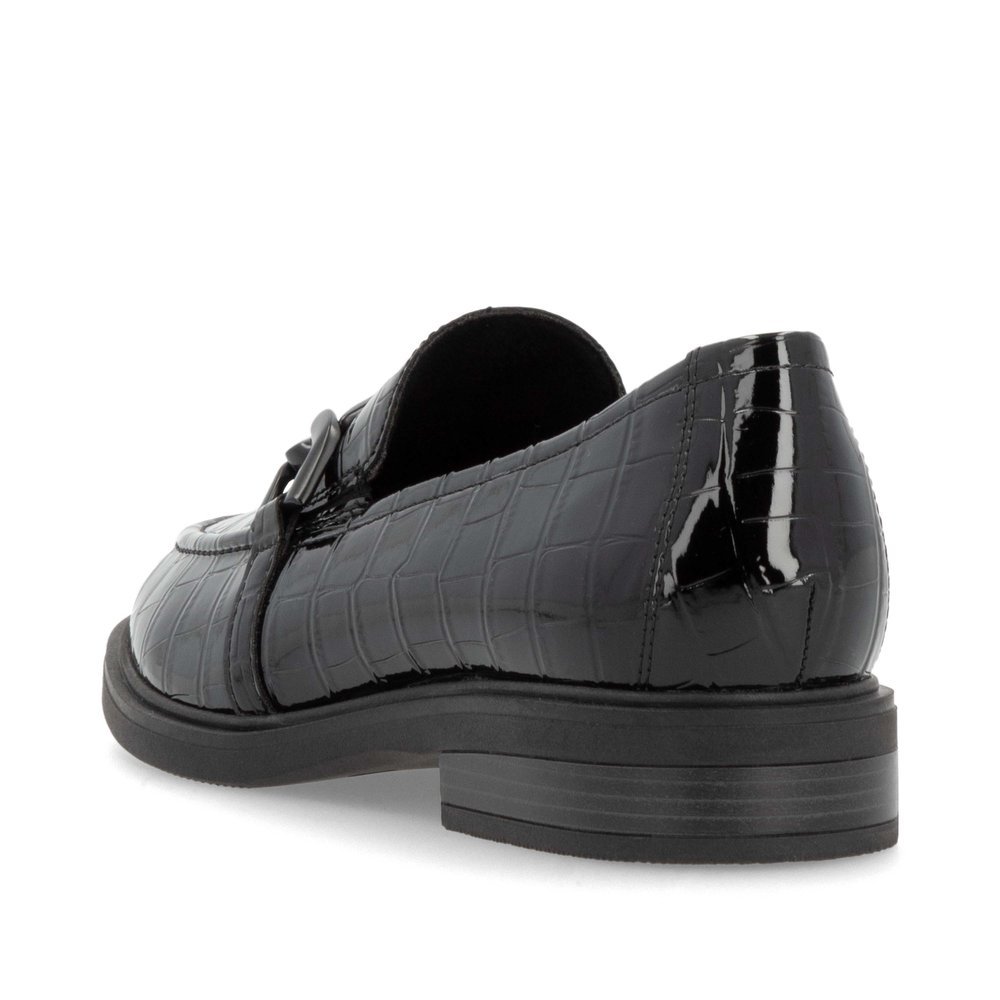 Black remonte women´s loafers D1U00-00 with a chain element as well as elastic band. Shoe from the back.