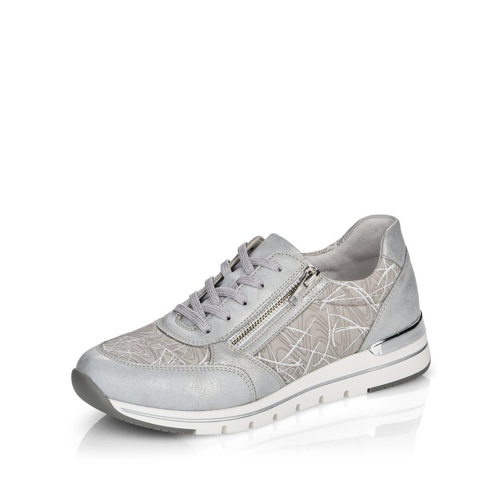Grey remonte women´s sneakers R6700-40 with zipper and abstract pattern. Shoe laterally.