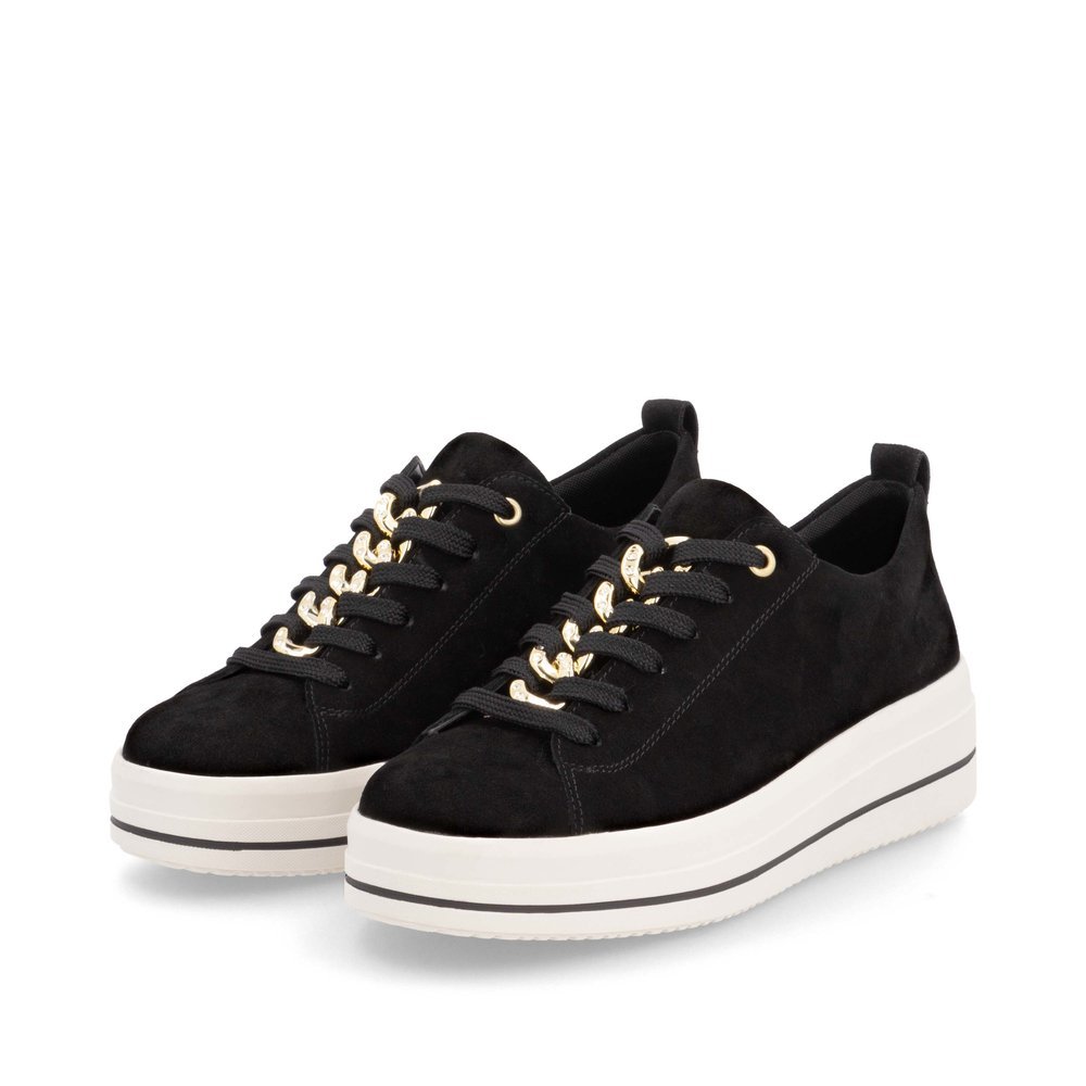 Jet black remonte women´s sneakers D1C03-02 with chain element as well as a zipper. Shoes laterally.