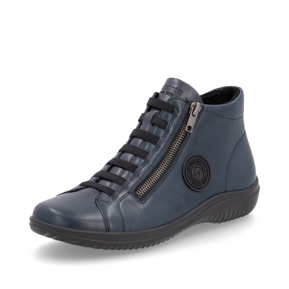 Blue remonte women´s lace-up shoes D1E70-14 with a black logo as well as a zipper. Shoe laterally.