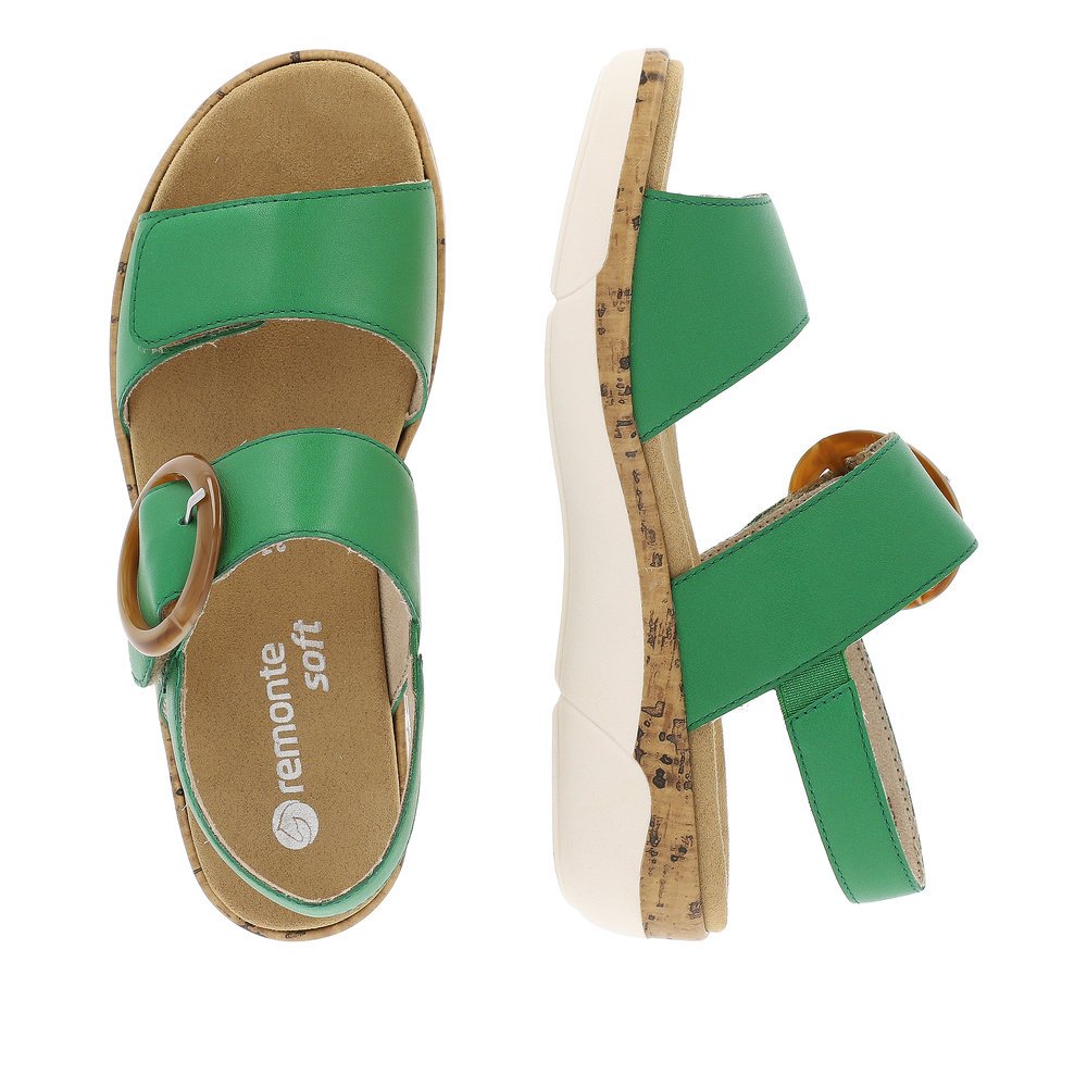 Emerald green remonte women´s strap sandals R6853-53 with a hook and loop fastener. Shoe from the top, lying.
