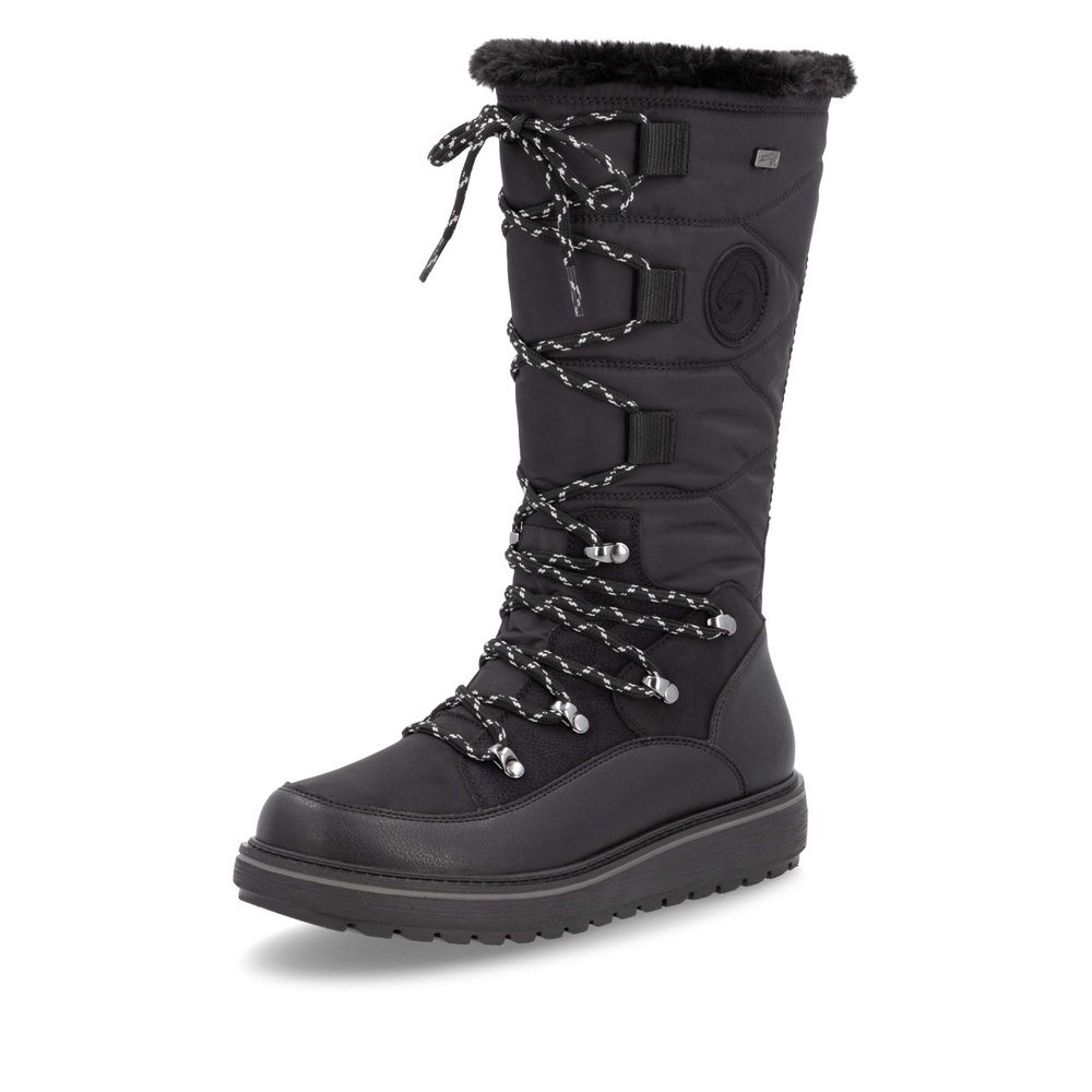 Night black remonte women´s high boots D0U77-00 with a Flip-Grip sole with spikes. Shoe laterally.