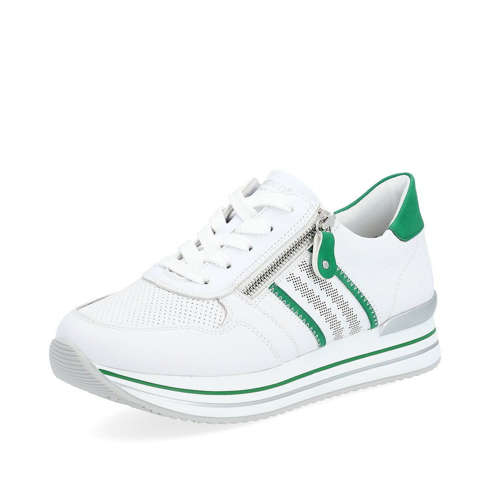 White remonte women´s sneakers D1318-82 with zipper and decorative stitching. Shoe laterally.