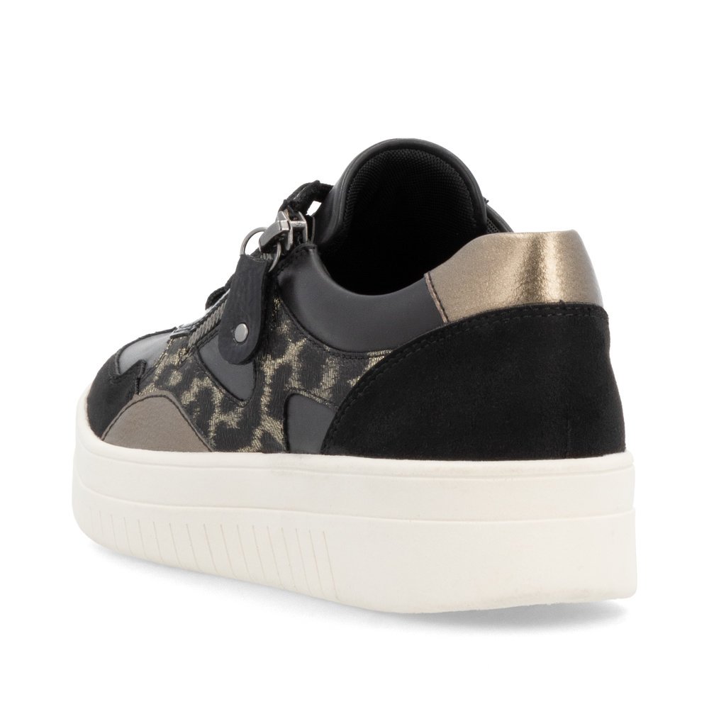 Night black remonte women´s sneakers D0J04-03 with animal print as well as a zipper. Shoe from the back.