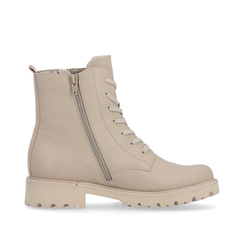 Weißbeige remonte Damen Schnürstiefel D8671-60 mit markanten Ösen. Schuh Innenseite.