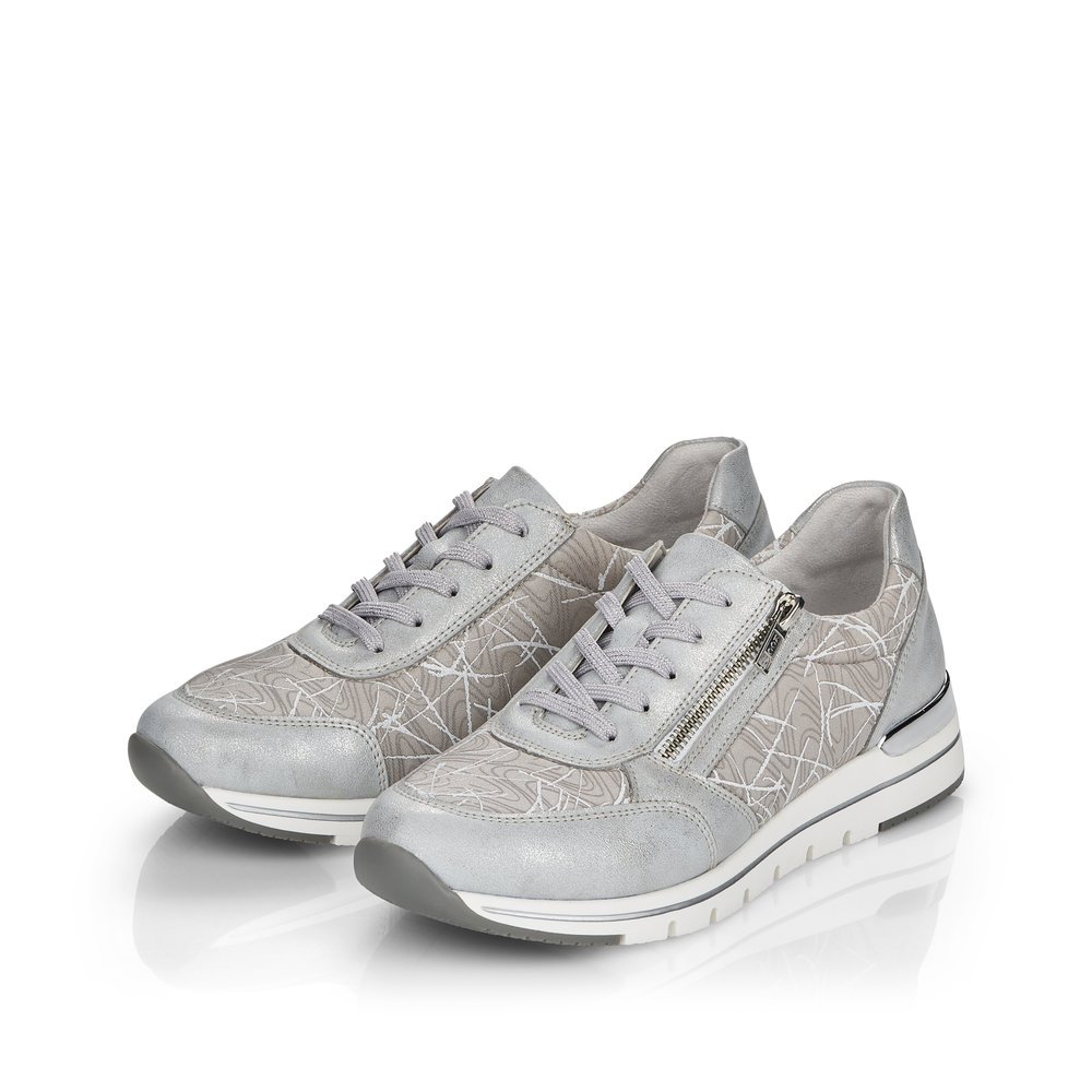 Grey remonte women´s sneakers R6700-40 with zipper and abstract pattern. Shoes laterally.