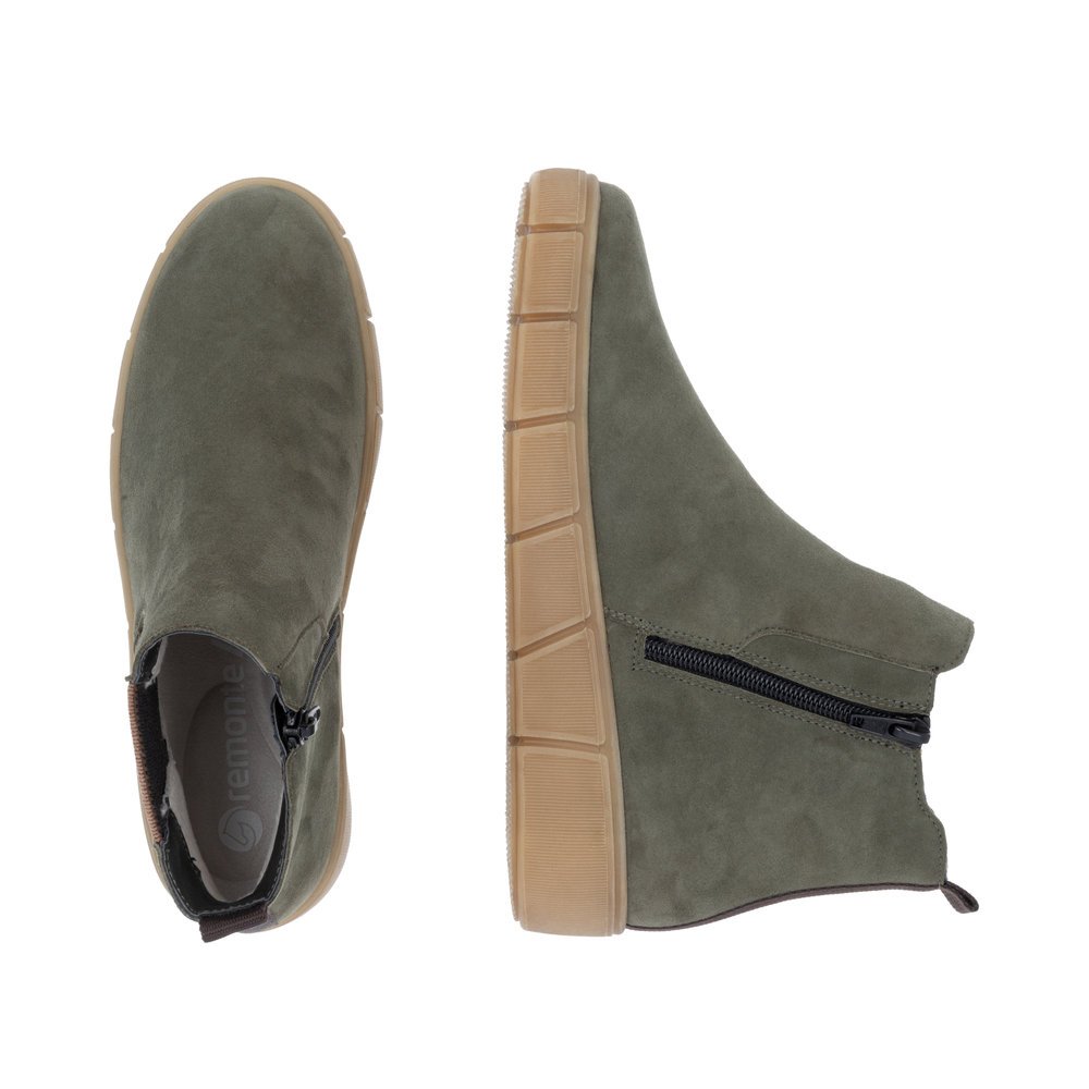 Green remonte women´s Chelsea boots D1T71-54 with zipper as well as comfort width G. Shoe from the top, lying.