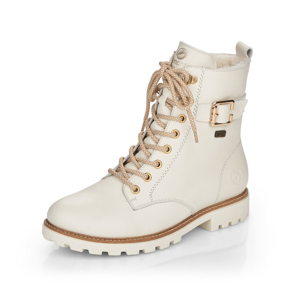 Pearl white remonte women´s lace-up boots D8475-80 with remonteTEX technology. Shoe laterally.