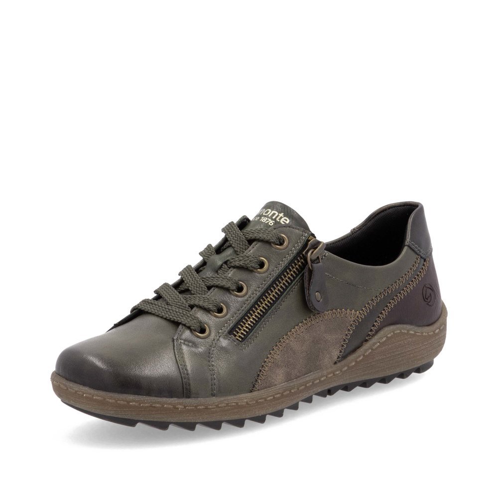 Chaussures à lacets remonte vertes femme R1439-52 avec fermeture éclair. Chaussure inclinée sur le côté.