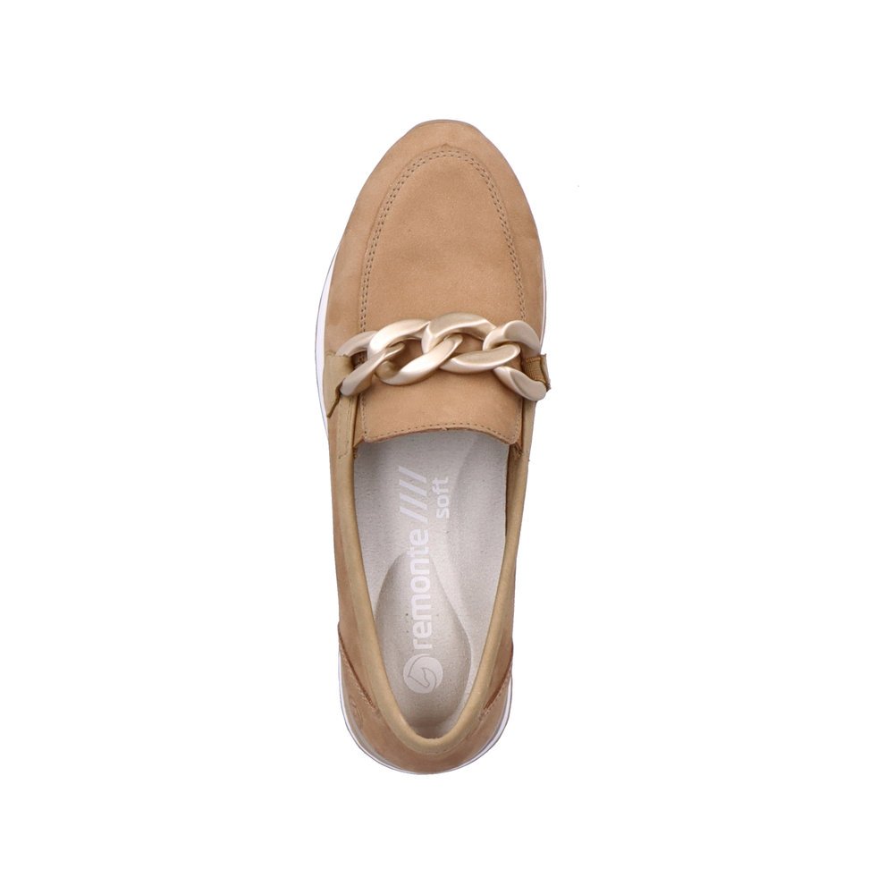 Cinnamon brown remonte women´s loafers R2544-60 with golden chain. Shoe from the top.