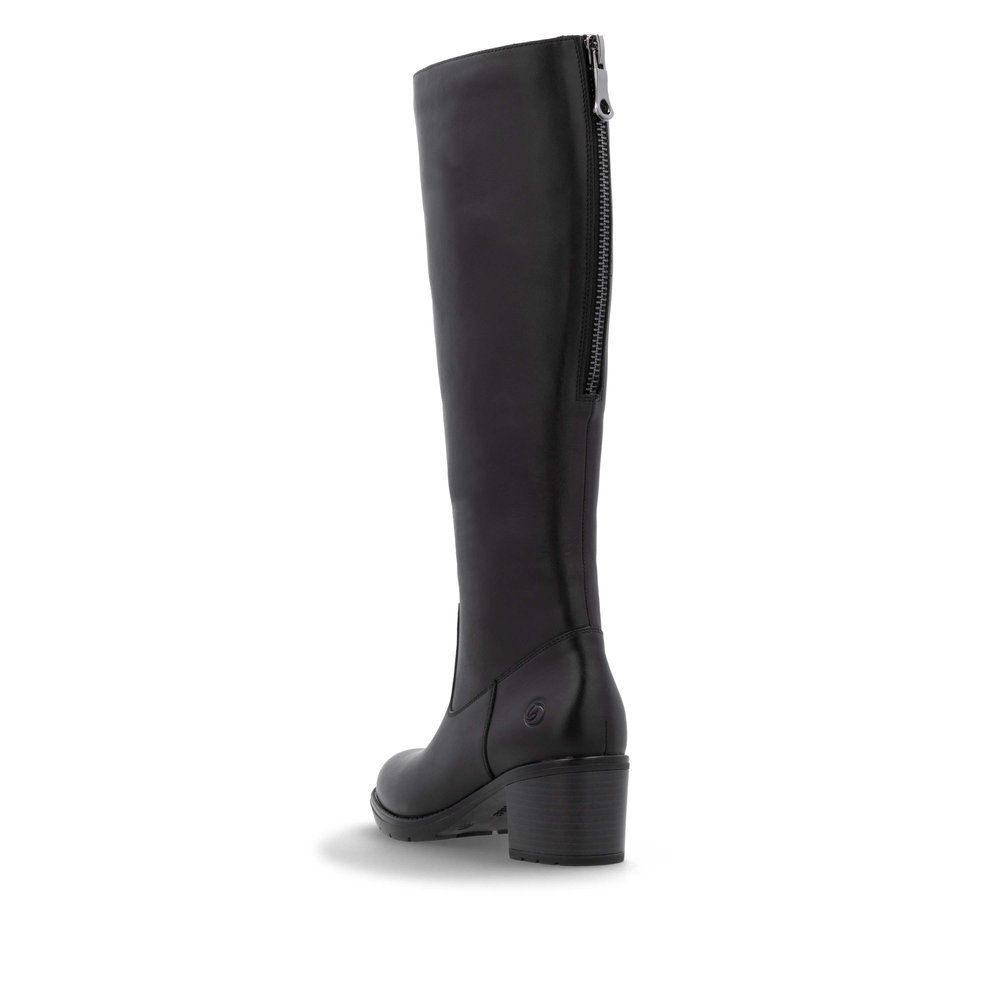 Black remonte women´s high boots D2A71-00 with a zipper as well as removable insole. Shoe from the back.