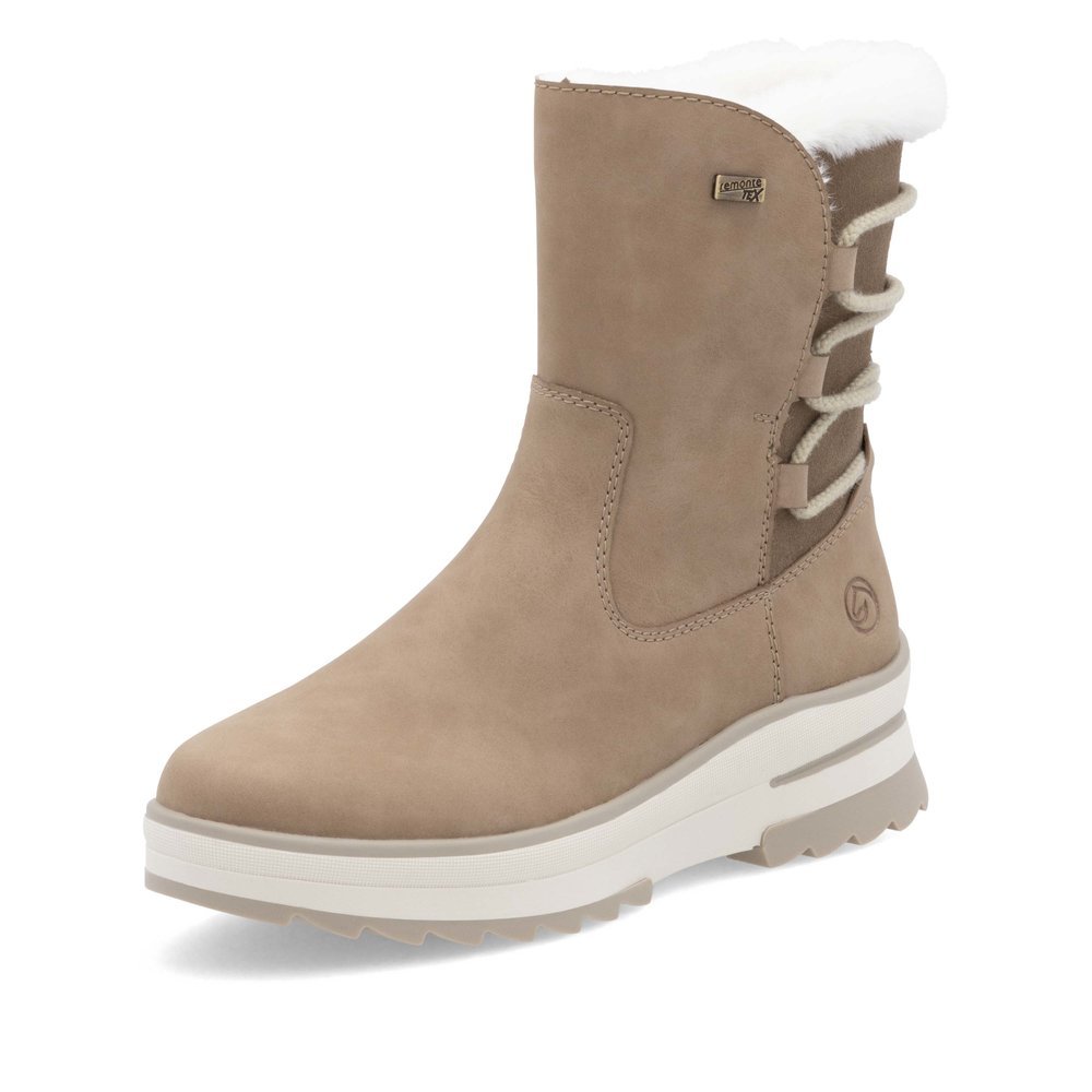 Braunbeige remonte Damen Kurzstiefel D2B72-20 mit griffiger Glass-Fibre Sohle. Schuh seitlich schräg.