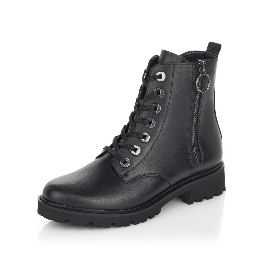 Bottes des motards remonte noires femme D8671-01 avec fermeture éclair. Chaussure inclinée sur le côté.