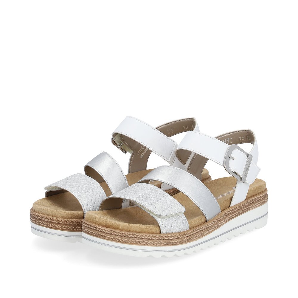 Silver vegan remonte women´s strap sandals D0Q55-90 with a hook and loop fastener. Shoes laterally.