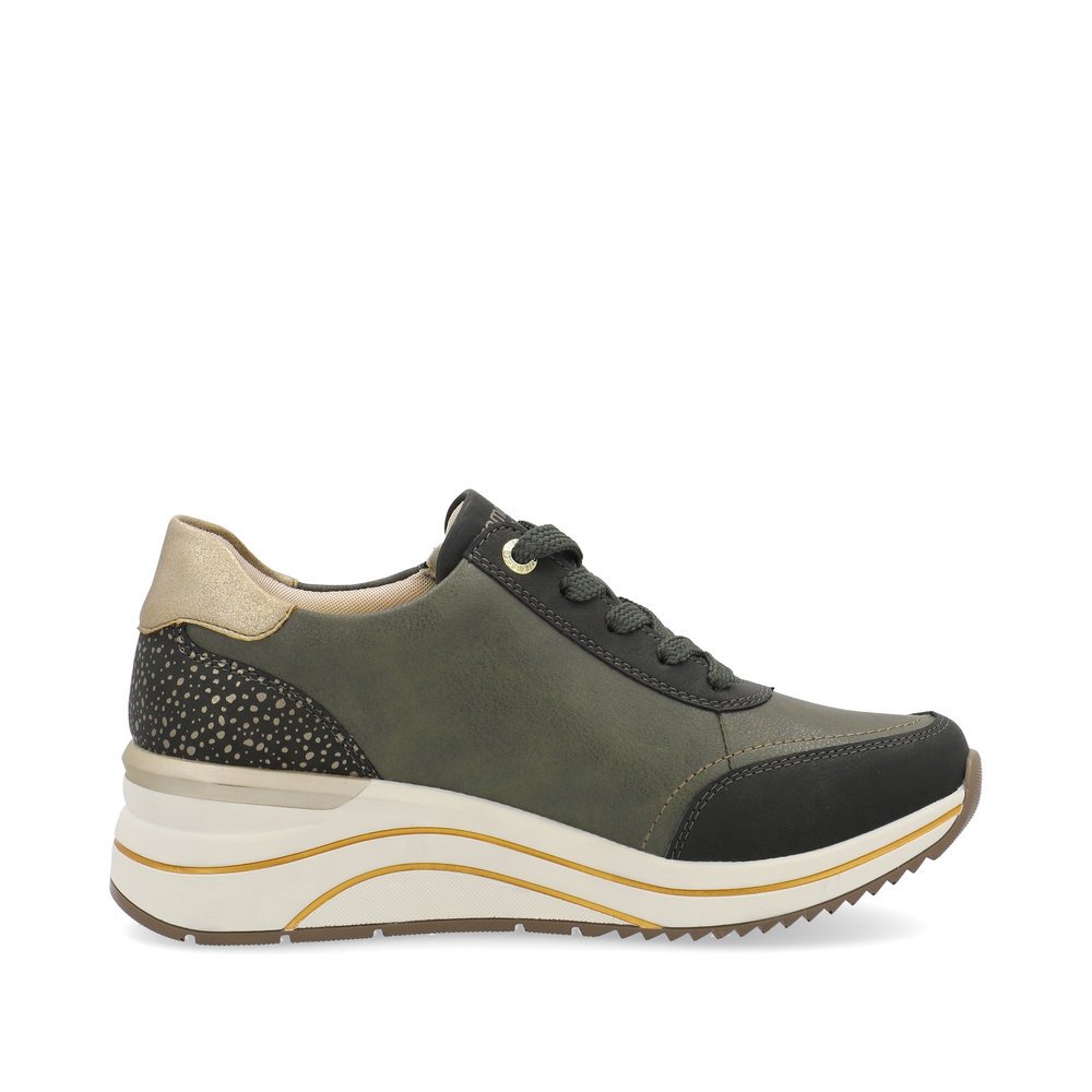 Leaf green remonte women´s sneakers D0T00-54 with a zipper as well as extra width H. Shoe inside.