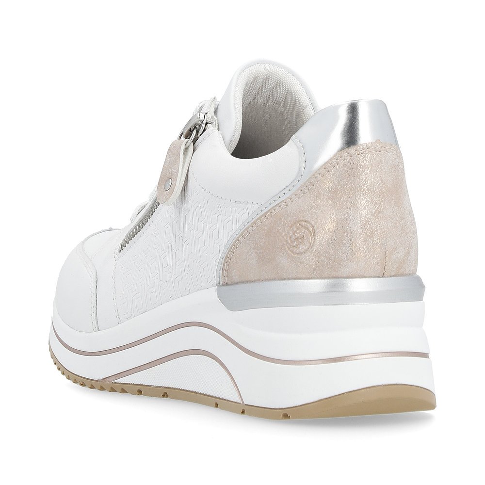 Brilliant white remonte women´s sneakers D0T03-80 with a zipper and extra width H. Shoe from the back.