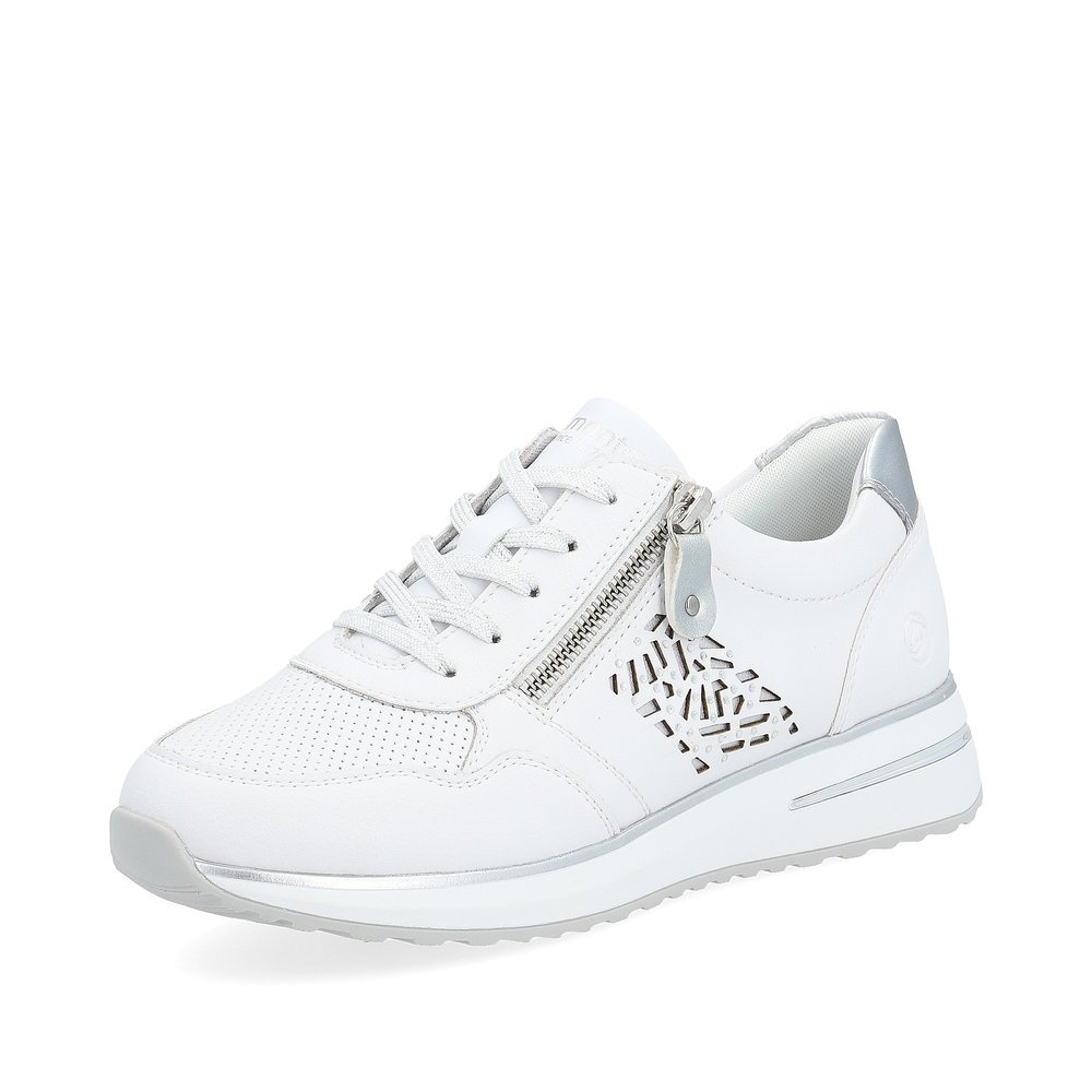 White remonte women´s sneakers D1G00-80 with zipper and cut-outs on the side. Shoe laterally.