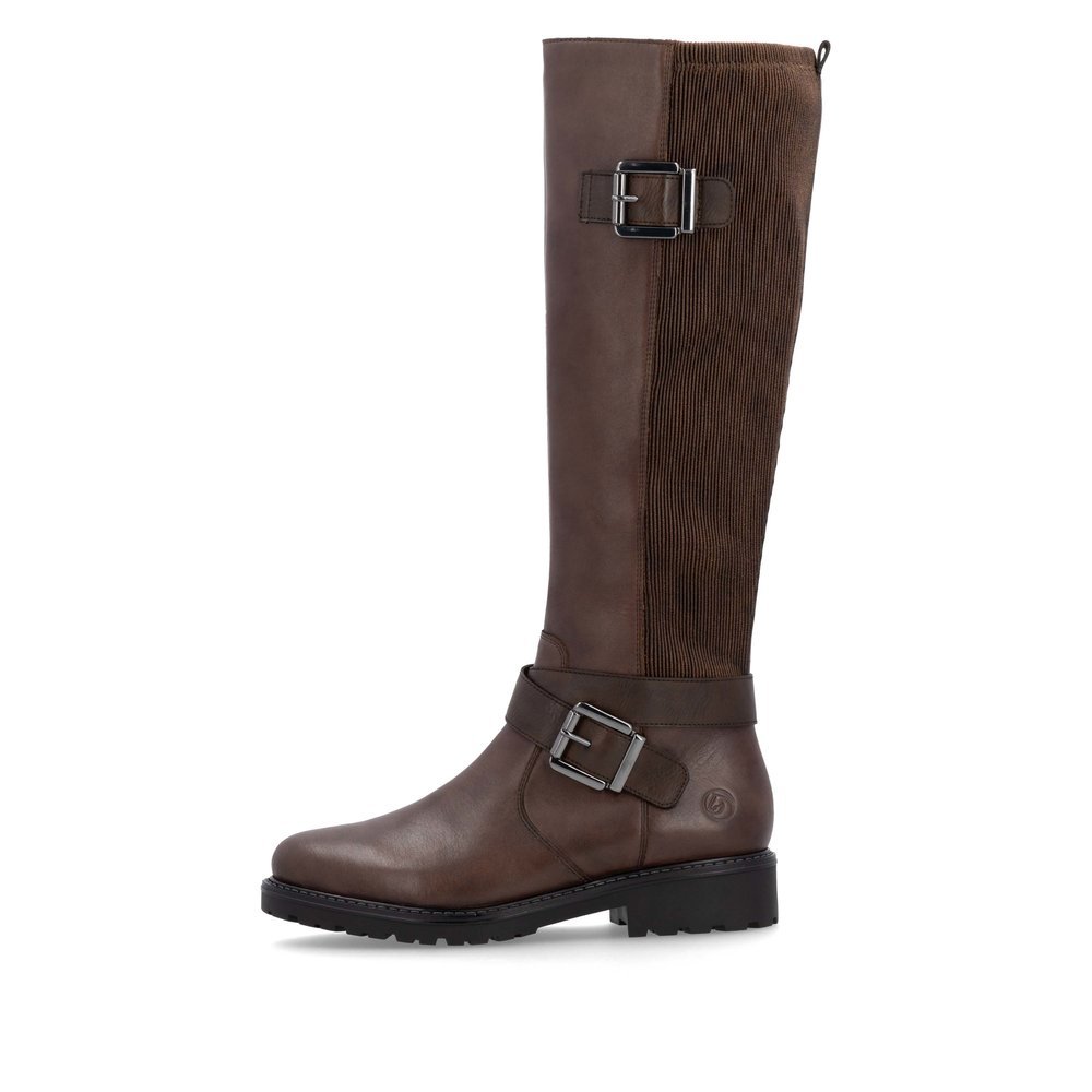 Brown remonte women´s high boots R6593-25 with decorative buckles as well as zipper. Outside of the shoe.