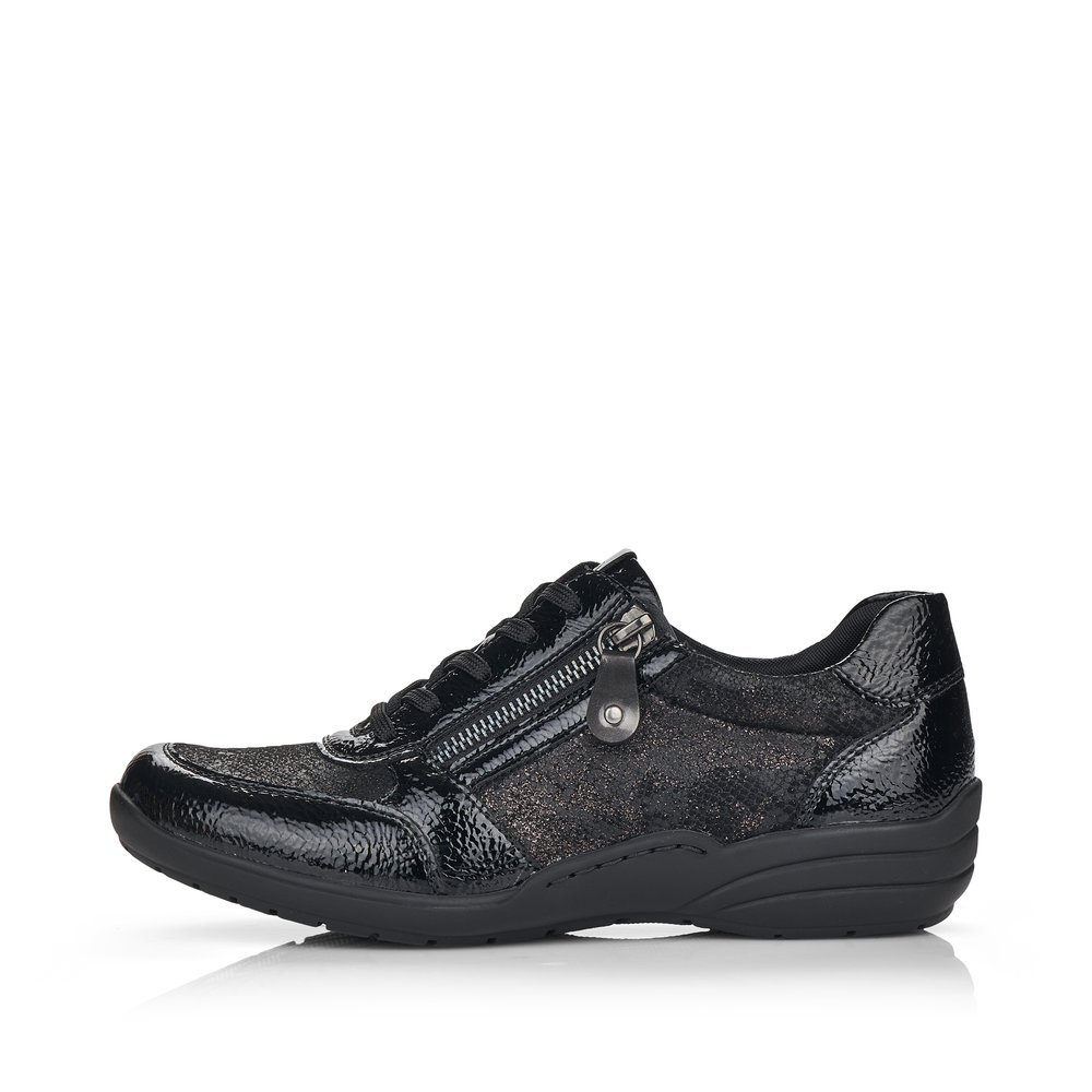 Black remonte women´s lace-up shoes R7637-03 with a zipper as well as extra width H. Outside of the shoe.