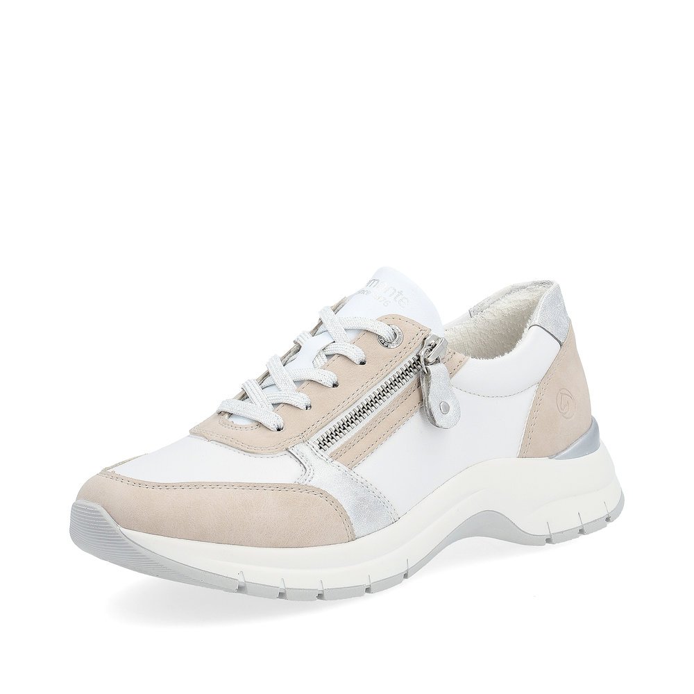 White remonte women´s sneakers D0G09-81 with a zipper and extra width H. Shoe laterally.