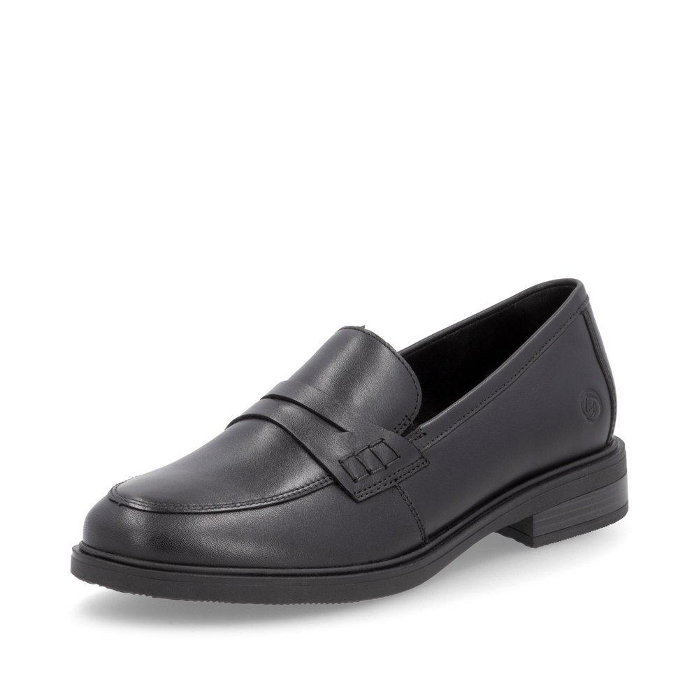 Mattschwarze remonte Damen Loafer D1U01-01 mit Gummizug. Schuh seitlich schräg.