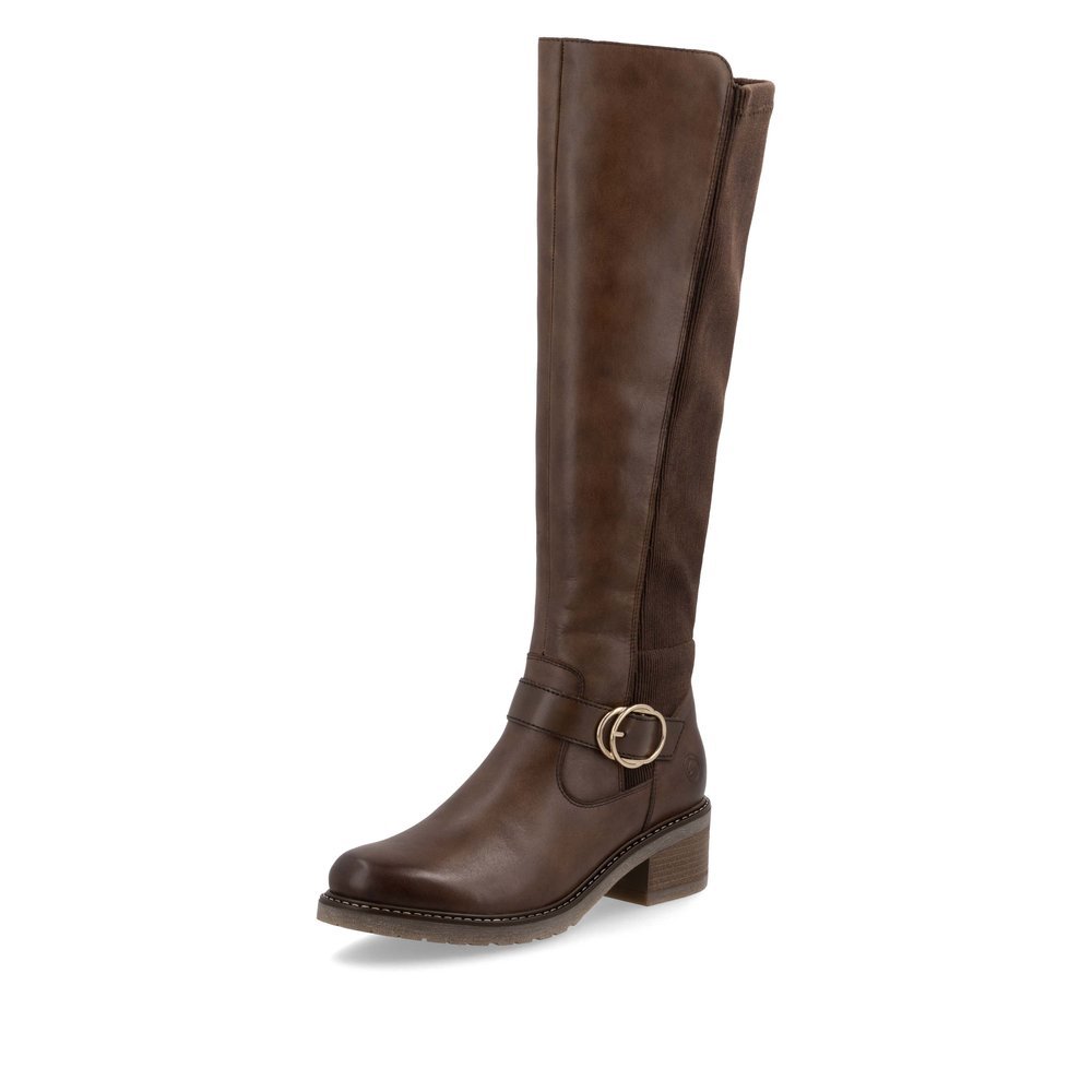 Chocolate brown remonte women´s high boots D1A73-25 with a round decorative buckle. Shoe laterally.