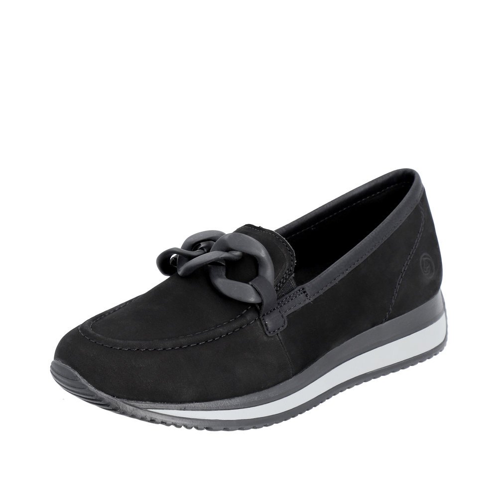 Night black remonte women´s loafers D0H10-01 with a chunky chain element. Shoe laterally.