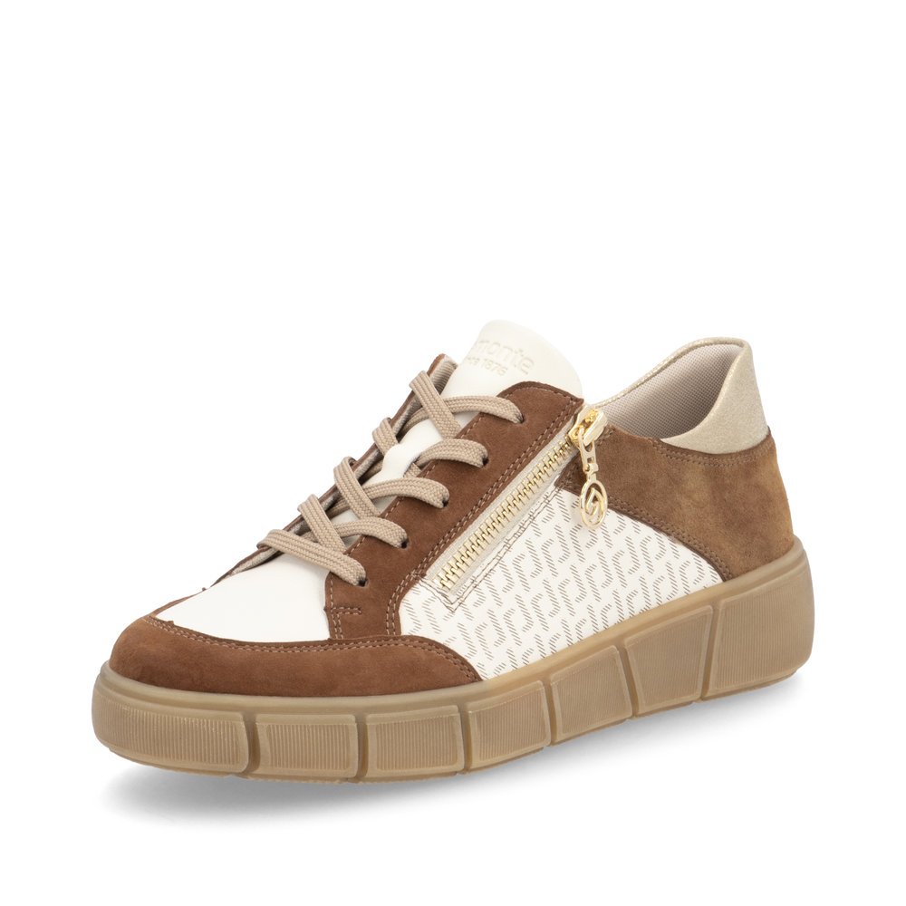 Beige remonte women´s sneakers D1T00-60 with a remonte pendant as well as a zipper. Shoe laterally.