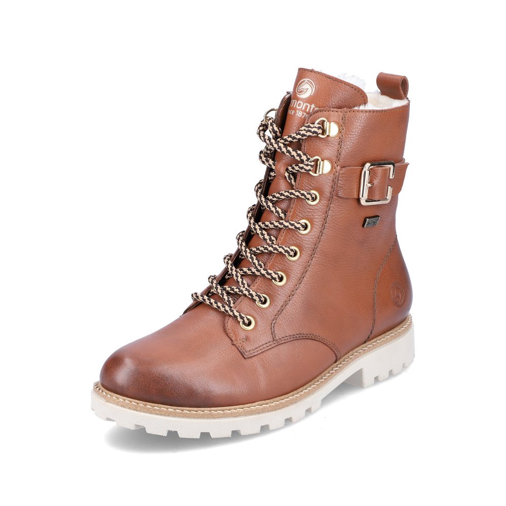 Mocha-coloured remonte women´s lace-up boots D8475-24 with remonteTEX technology. Shoe laterally.