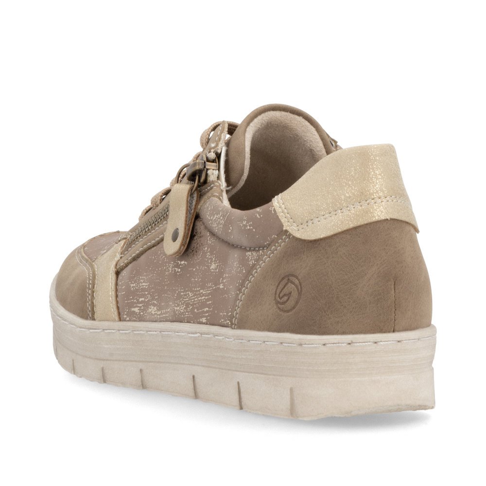 Sand beige remonte women´s sneakers D5831-62 with zipper as well as a padded insole. Shoe from the back.