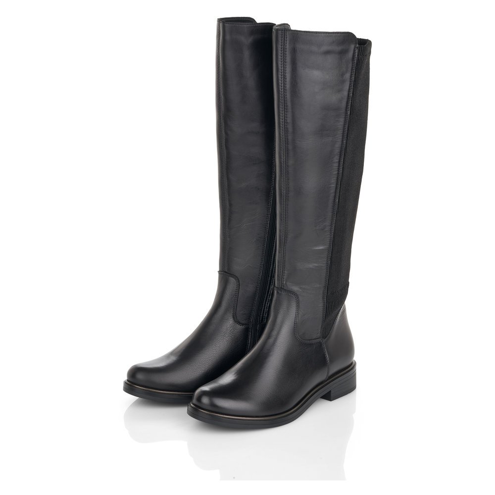 Bottes à tige haute remonte noires femme D8371-01 avec fermeture éclair. Chaussures inclinées sur le côté.