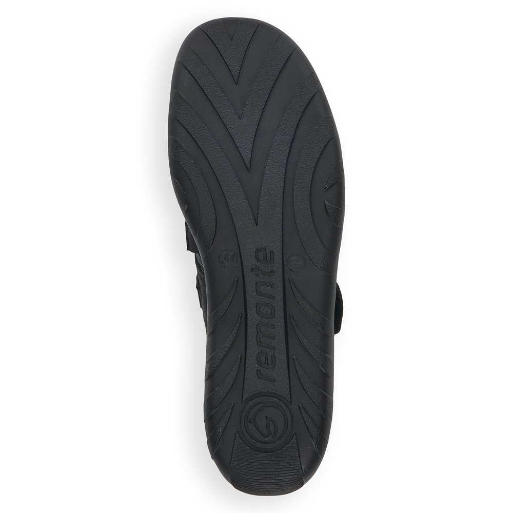 Jet black remonte women´s ballerinas R3510-03 with a hook and loop fastener. Outsole of the shoe.