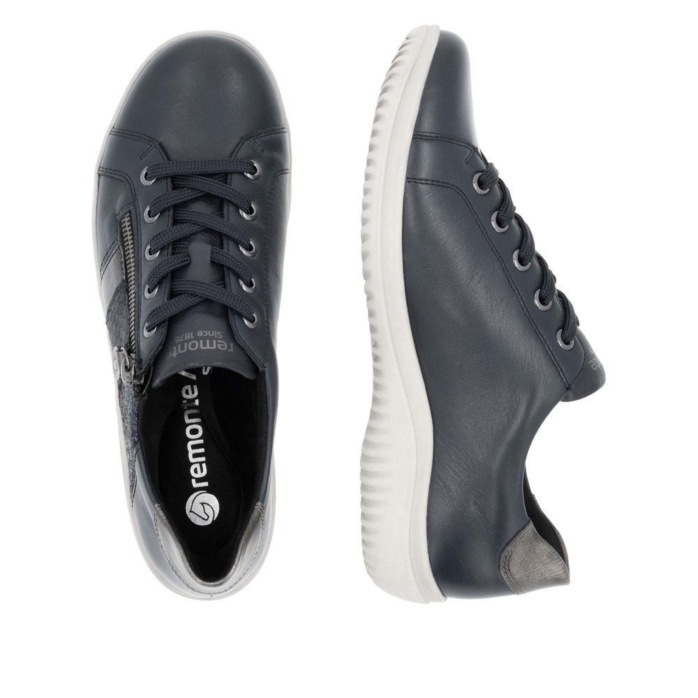 Blue remonte women´s lace-up shoes D1E00-14 with zipper as well as comfort width G. Shoe from the top, lying.