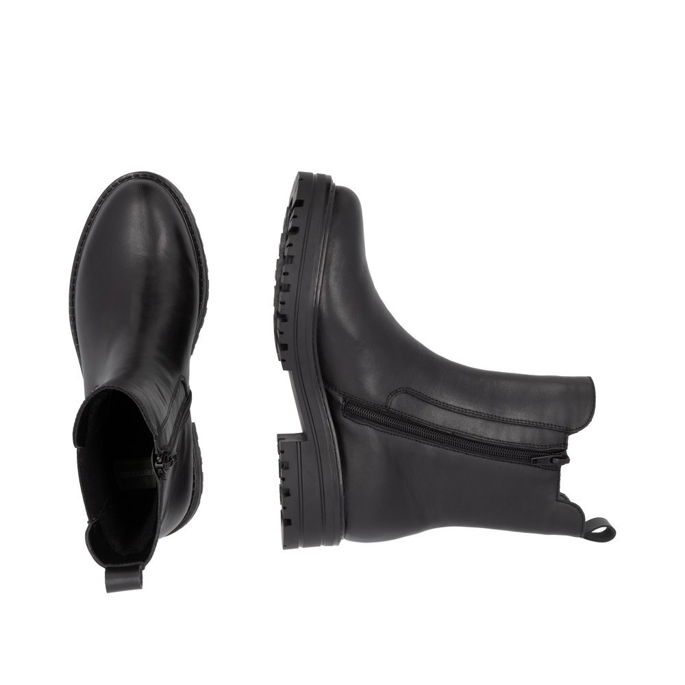 Black remonte women´s Chelsea boots D2286-03 with zipper as well as comfort width G. Shoe from the top, lying.