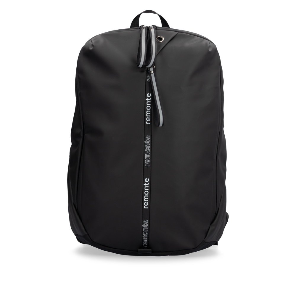 remonte Rucksack Q0531-00 in Schwarz mit mattem Finish, Reißverschluss, Laptopfach und reflektierenden Schlaufen an den Reißverschlüssen. Vorderseite.