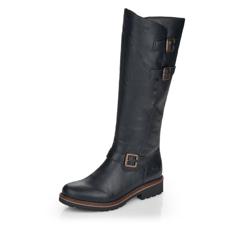 Bottes à tige haute remonte noires pour femme R6590-01. Chaussure inclinée sur le côté.