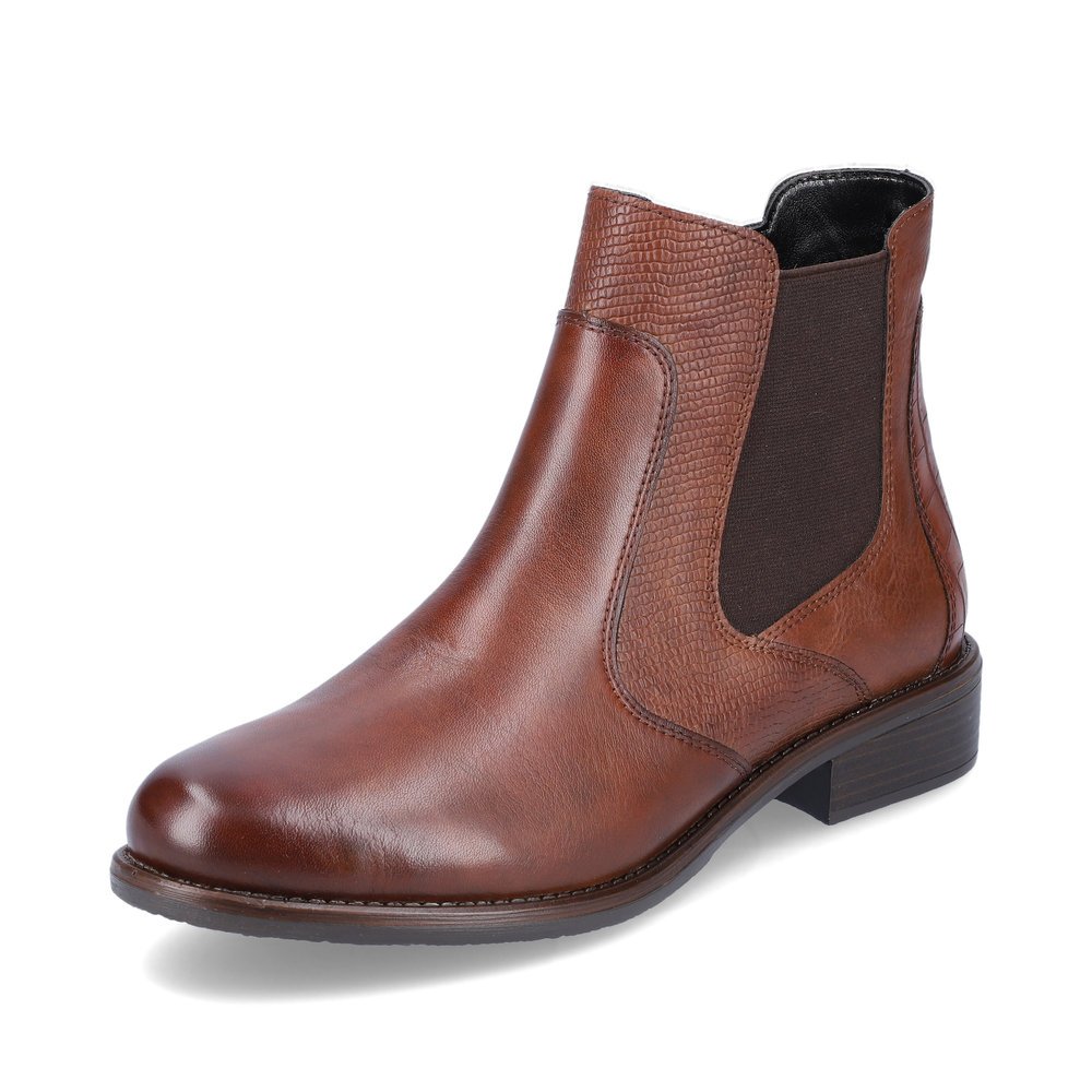 Bottes Chelseas remonte marron pour femme D0F70-22 avec fermeture éclair. Chaussure inclinée sur le côté.