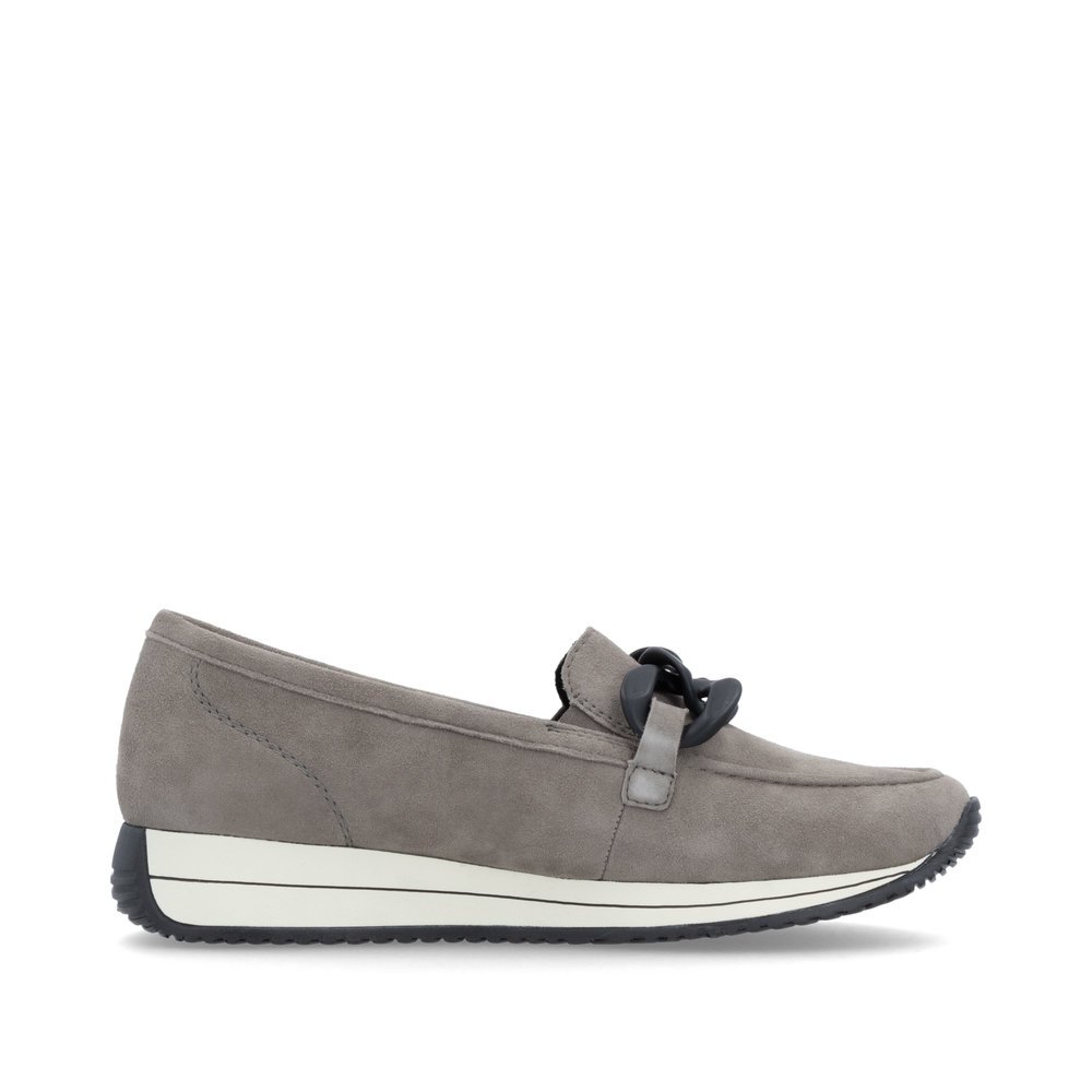 Mocassins remonte gris pour femme D0H10-42 avec grosse chaîne décorative. Intérieur de la chaussure.